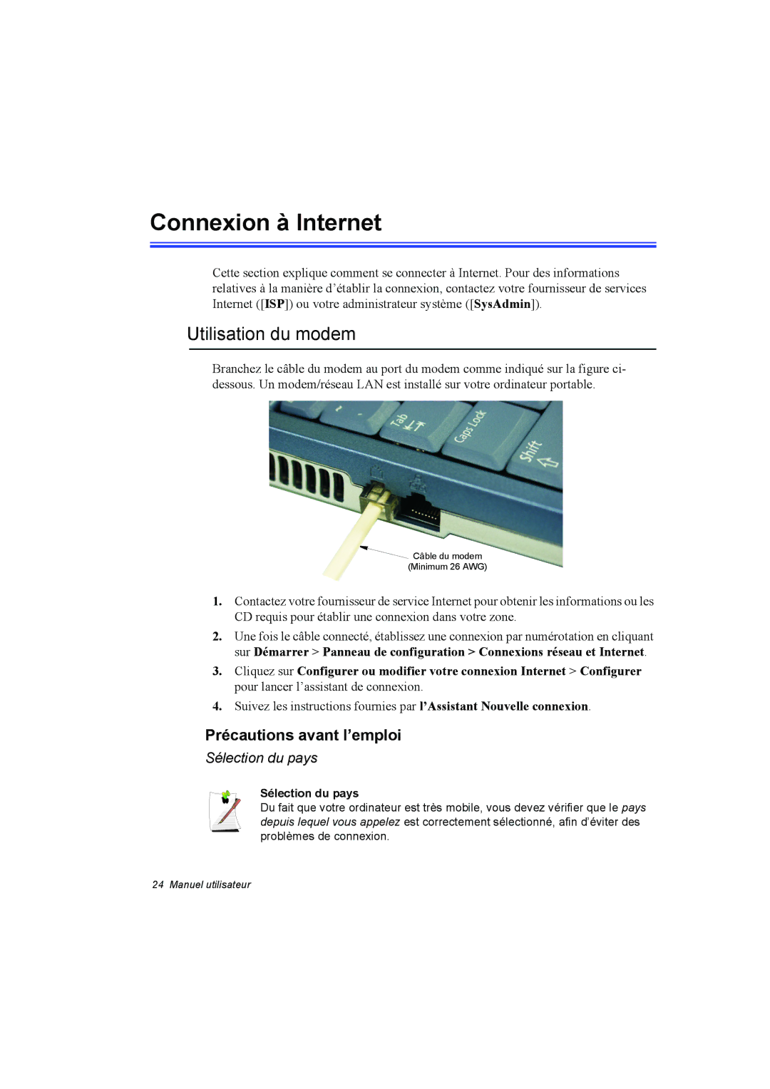 Samsung NP10FK033G/SEF manual Connexion à Internet, Utilisation du modem, Précautions avant l’emploi, Sélection du pays 