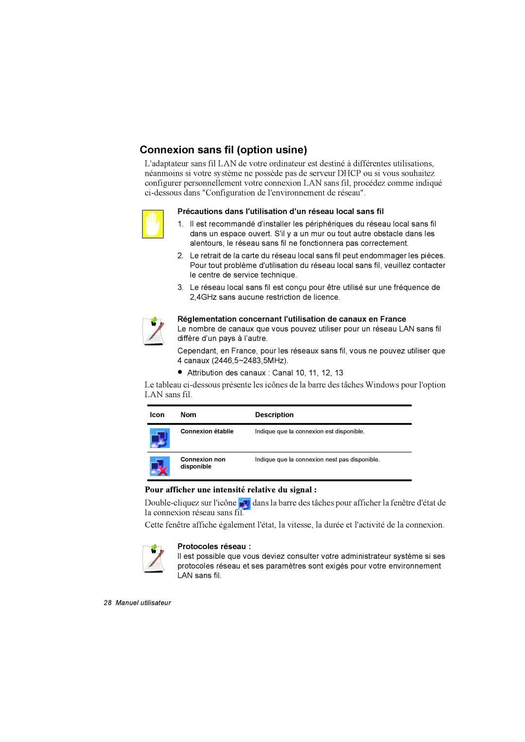 Samsung NP10FP00WJ/SEF, NP10FP018N/SEF Connexion sans fil option usine, Pour afficher une intensité relative du signal 