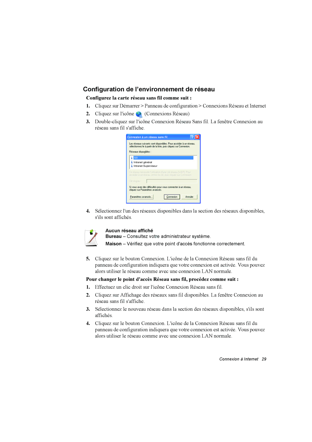 Samsung NP10FP00UG/SEF, NP10FP018N/SEF, NP10FP00UU/SEF Configurez la carte réseau sans fil comme suit, Aucun réseau affiché 