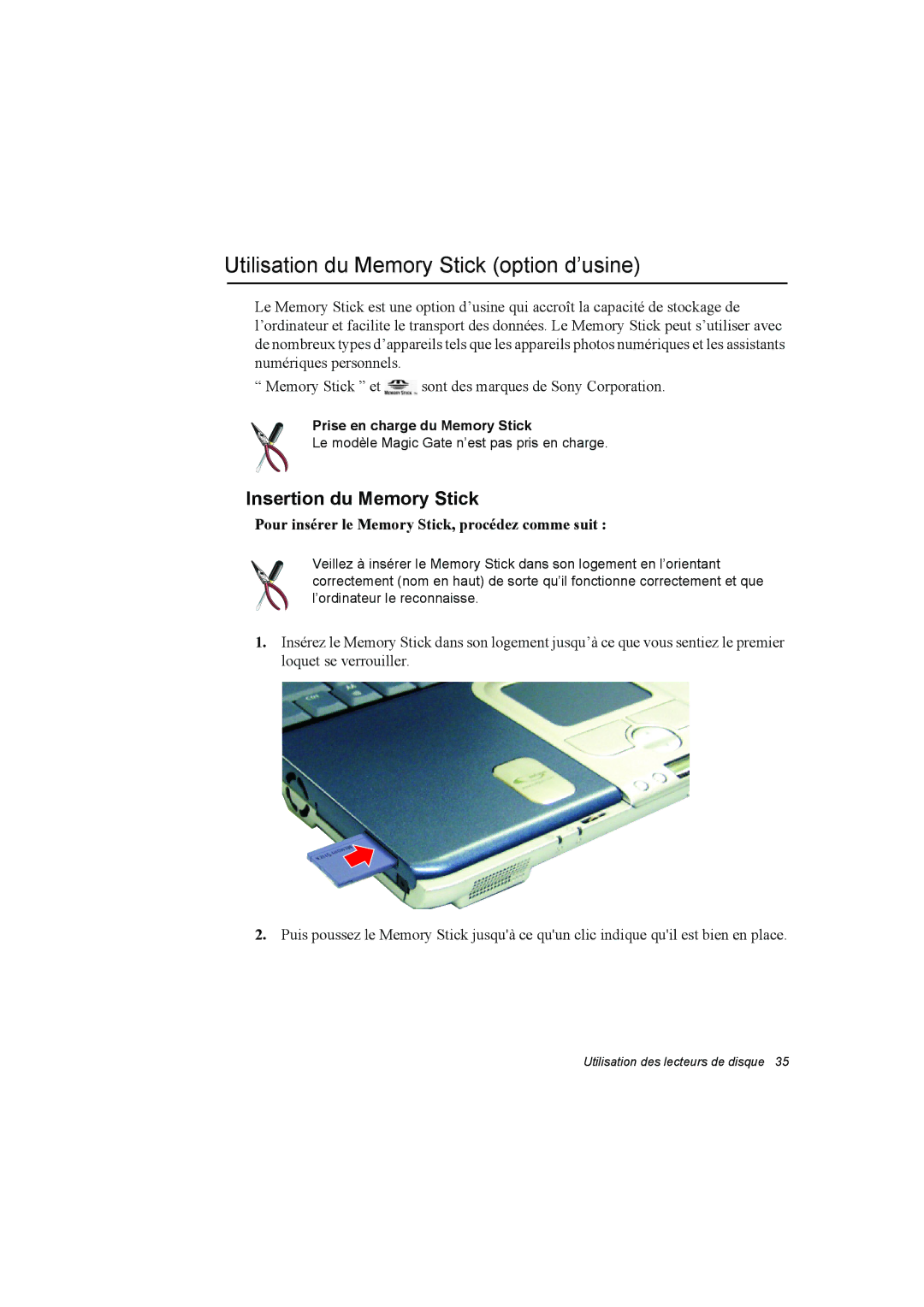 Samsung NP10FP033G/SEF, NP10FP018N/SEF manual Utilisation du Memory Stick option d’usine, Insertion du Memory Stick 