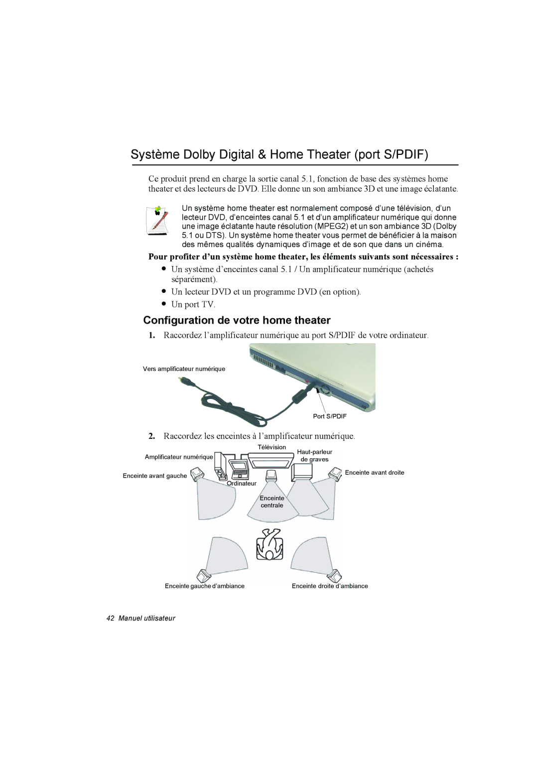 Samsung NP10FP00F3/SEF manual Système Dolby Digital & Home Theater port S/PDIF, Configuration de votre home theater 