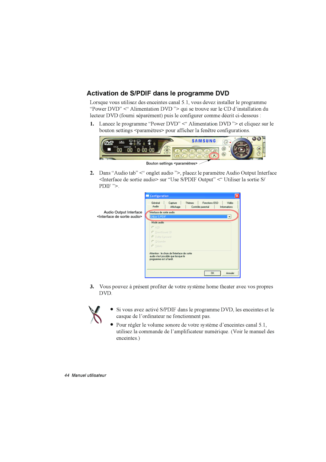 Samsung NP10FK00UU/SEF, NP10FP018N/SEF, NP10FP00UU/SEF, NP10FK00ME/SEF manual Activation de S/PDIF dans le programme DVD 