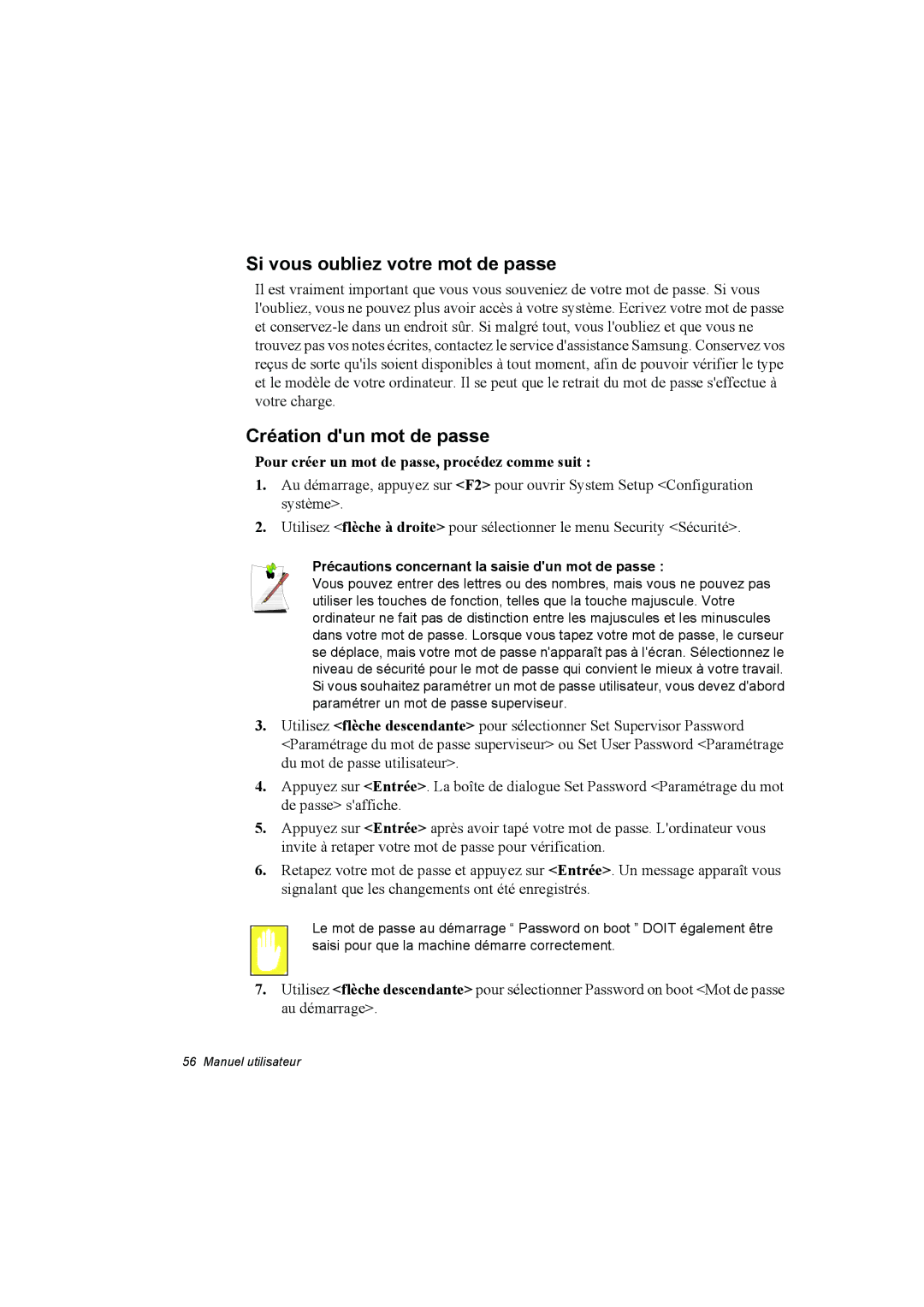 Samsung NP10FP00EW/SEF, NP10FP018N/SEF, NP10FP00UU/SEF manual Si vous oubliez votre mot de passe, Création dun mot de passe 