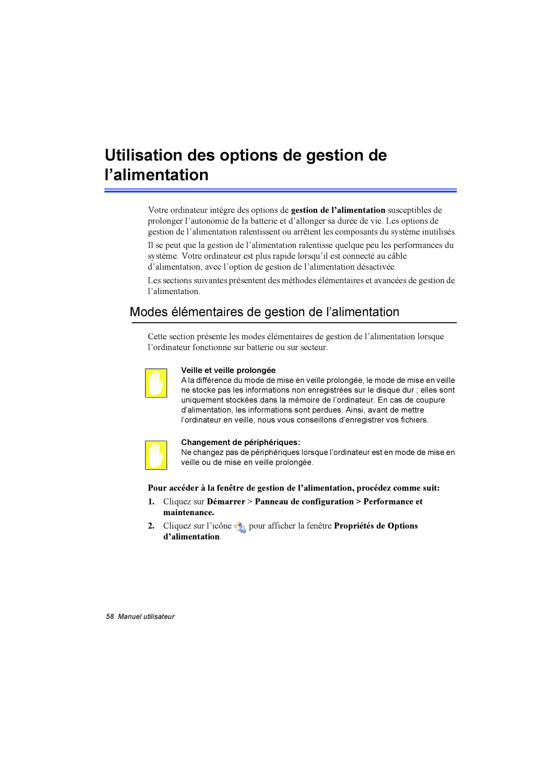 Samsung NP10FP03NV/SEF, NP10FP018N/SEF Utilisation des options de gestion de l’alimentation, Veille et veille prolongée 