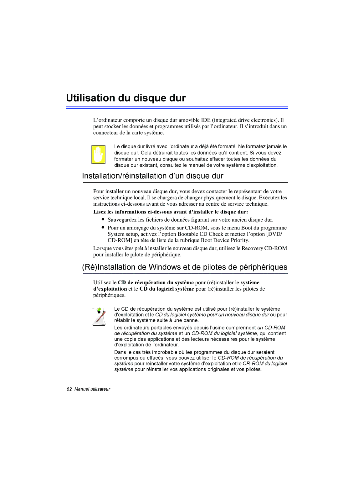 Samsung NP10FP00F2/SEF, NP10FP018N/SEF manual Utilisation du disque dur, Installation/réinstallation d’un disque dur 