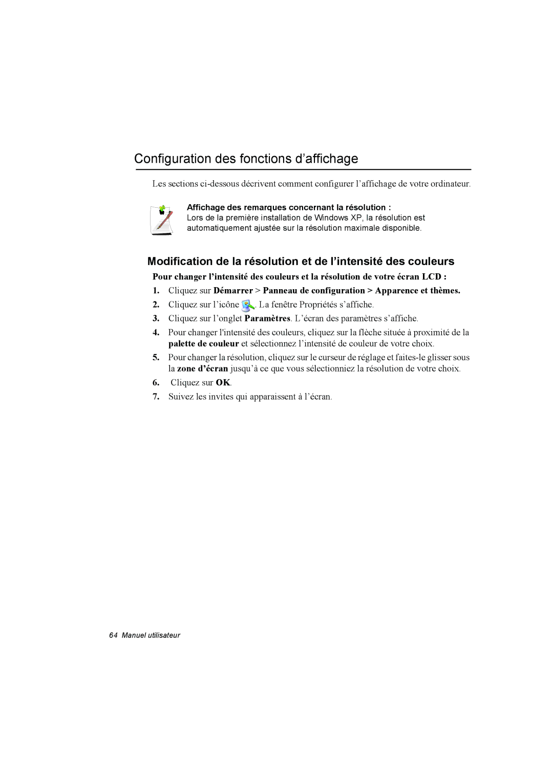 Samsung NP10FK00UG/SEF manual Configuration des fonctions d’affichage, Affichage des remarques concernant la résolution 