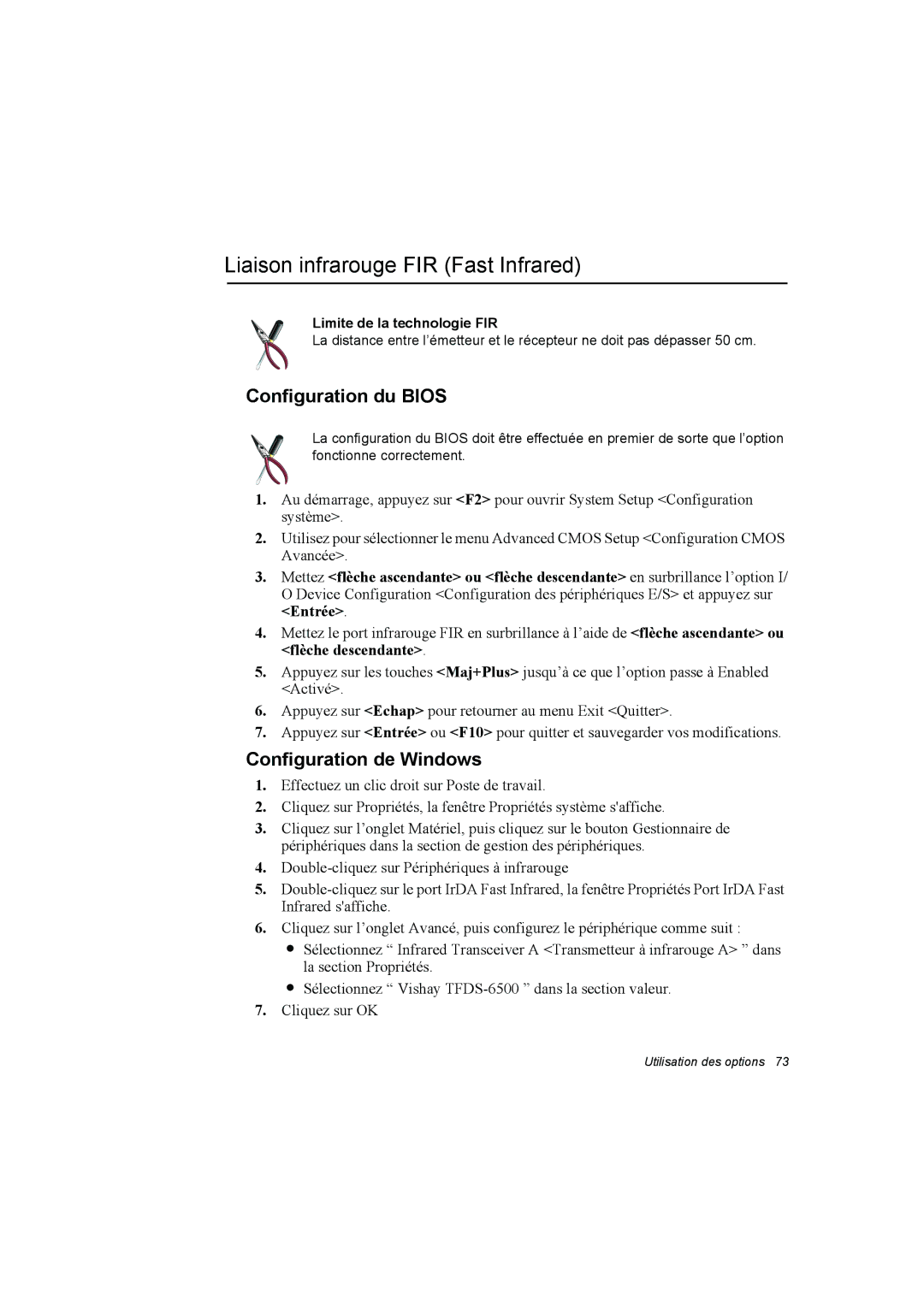 Samsung NP10FK033G/SEF manual Liaison infrarouge FIR Fast Infrared, Configuration du Bios, Configuration de Windows 