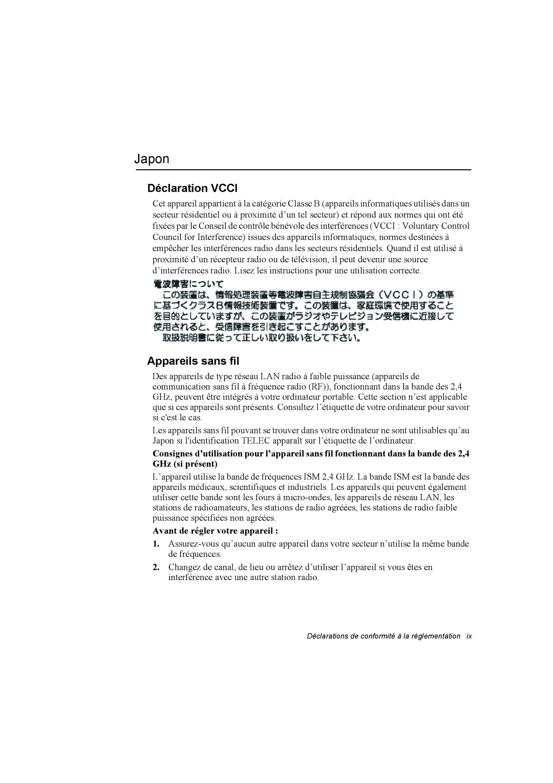 Samsung NP10FP00ME/SEF, NP10FP018N/SEF manual Japon, Déclaration Vcci, Appareils sans fil, Avant de régler votre appareil 