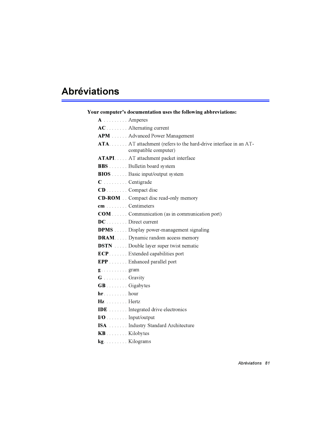 Samsung NP10FJZ002/SEG, NP10FP018N/SEF, NP10FP00UU/SEF, NP10FK00ME/SEF, NP10FP00F3/SEF, NP10FK03XB/SEF manual Abréviations 