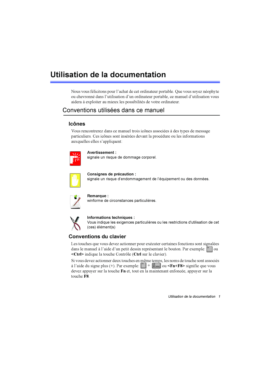 Samsung NP10FK00F2/SEF, NP10FP018N/SEF manual Utilisation de la documentation, Conventions utilisées dans ce manuel, Icônes 