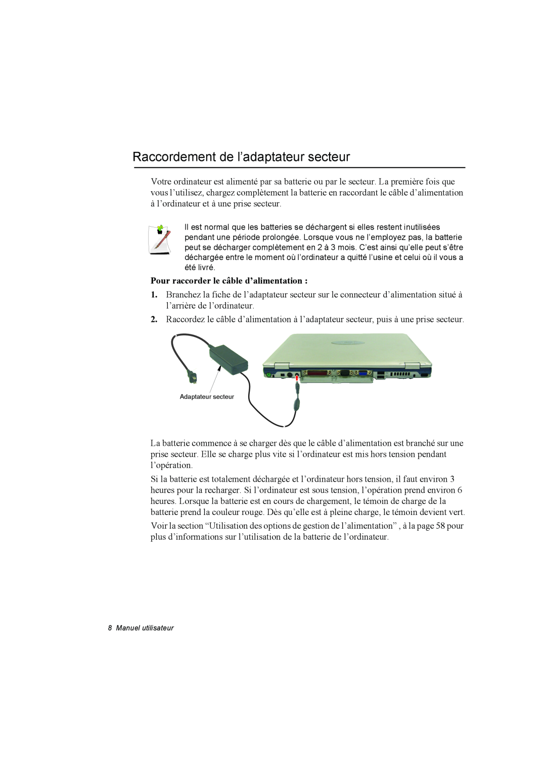 Samsung NP10FH00MS/SUK, NP10FP018N/SEF manual Raccordement de l’adaptateur secteur, Pour raccorder le câble d’alimentation 