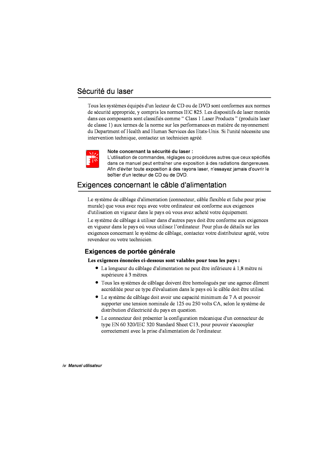 Samsung NP10FK03XB/SEF manual Sécurité du laser, Exigences concernant le câble dalimentation, Exigences de portée générale 