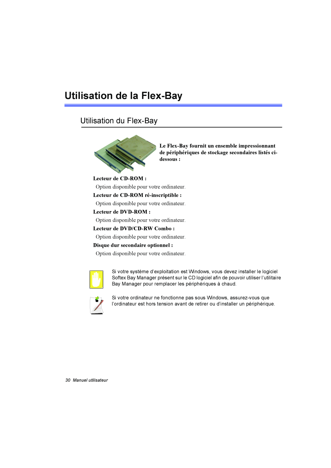 Samsung NP10FP00N7/SEF manual Utilisation de la Flex-Bay, Utilisation du Flex-Bay, Lecteur de CD-ROM, Lecteur de DVD-ROM 