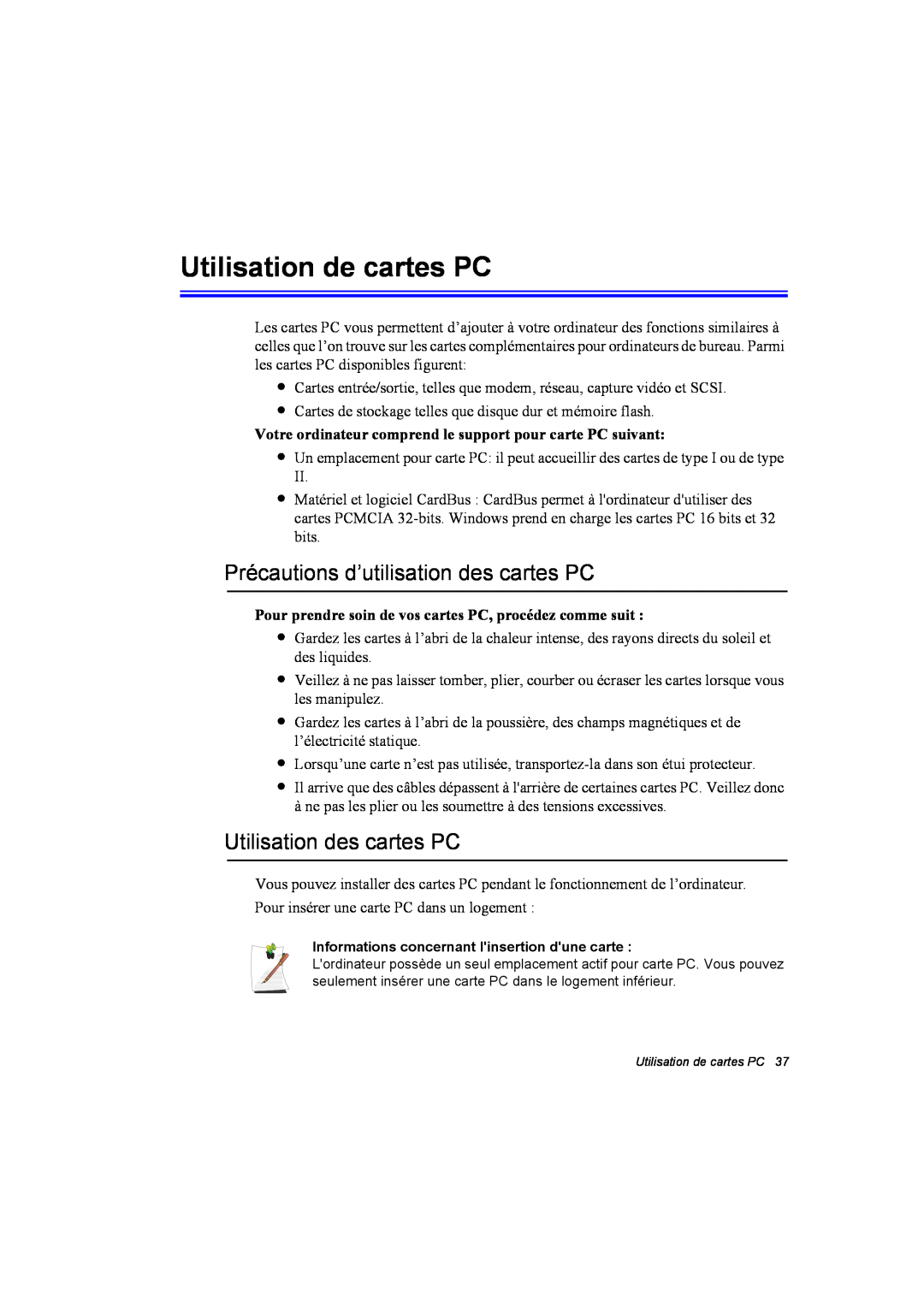 Samsung NP10FK018N/SEF manual Utilisation de cartes PC, Précautions d’utilisation des cartes PC, Utilisation des cartes PC 