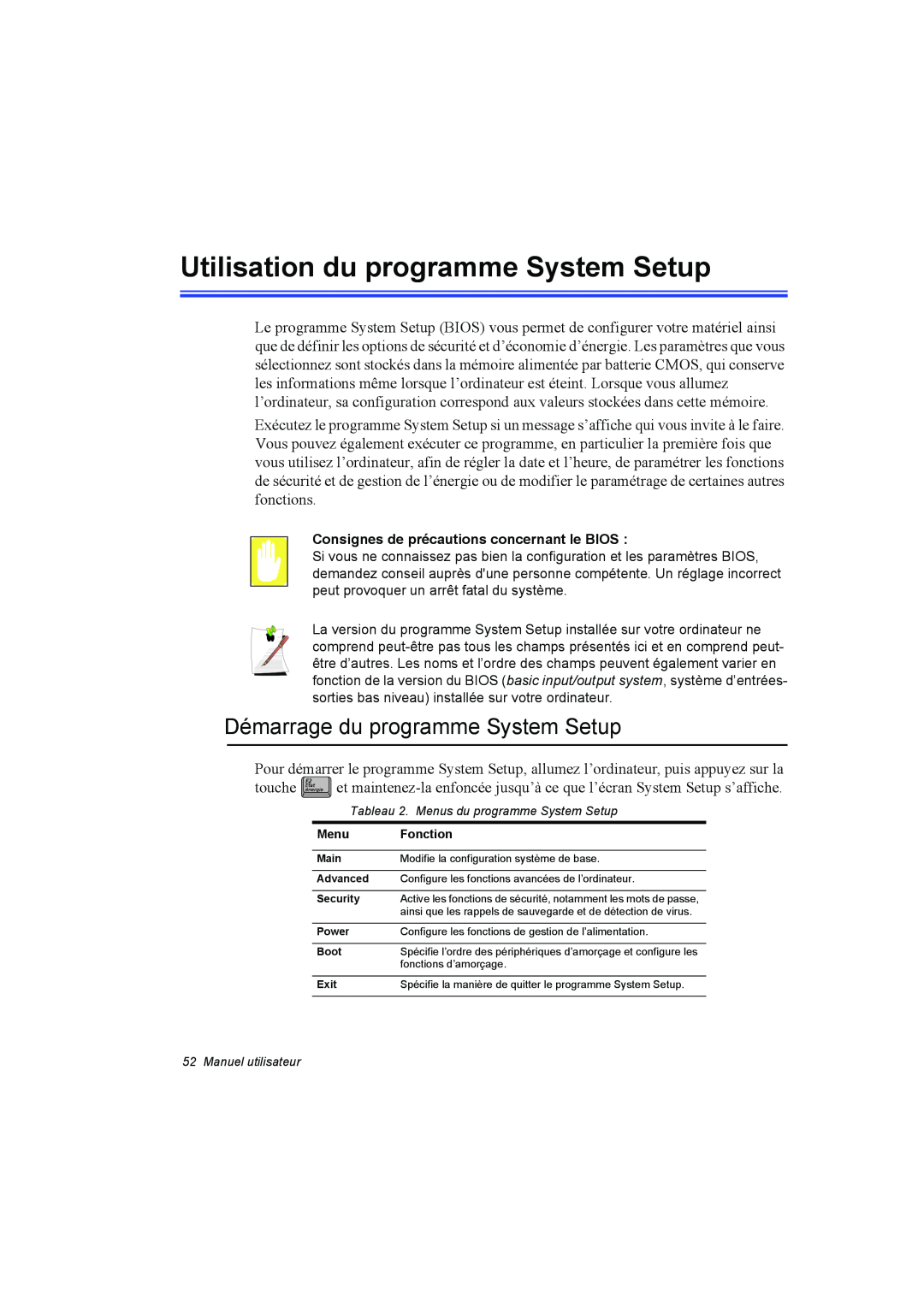Samsung NP10FK00MF/SEF, NP10FP018N/SEF manual Utilisation du programme System Setup, Démarrage du programme System Setup 