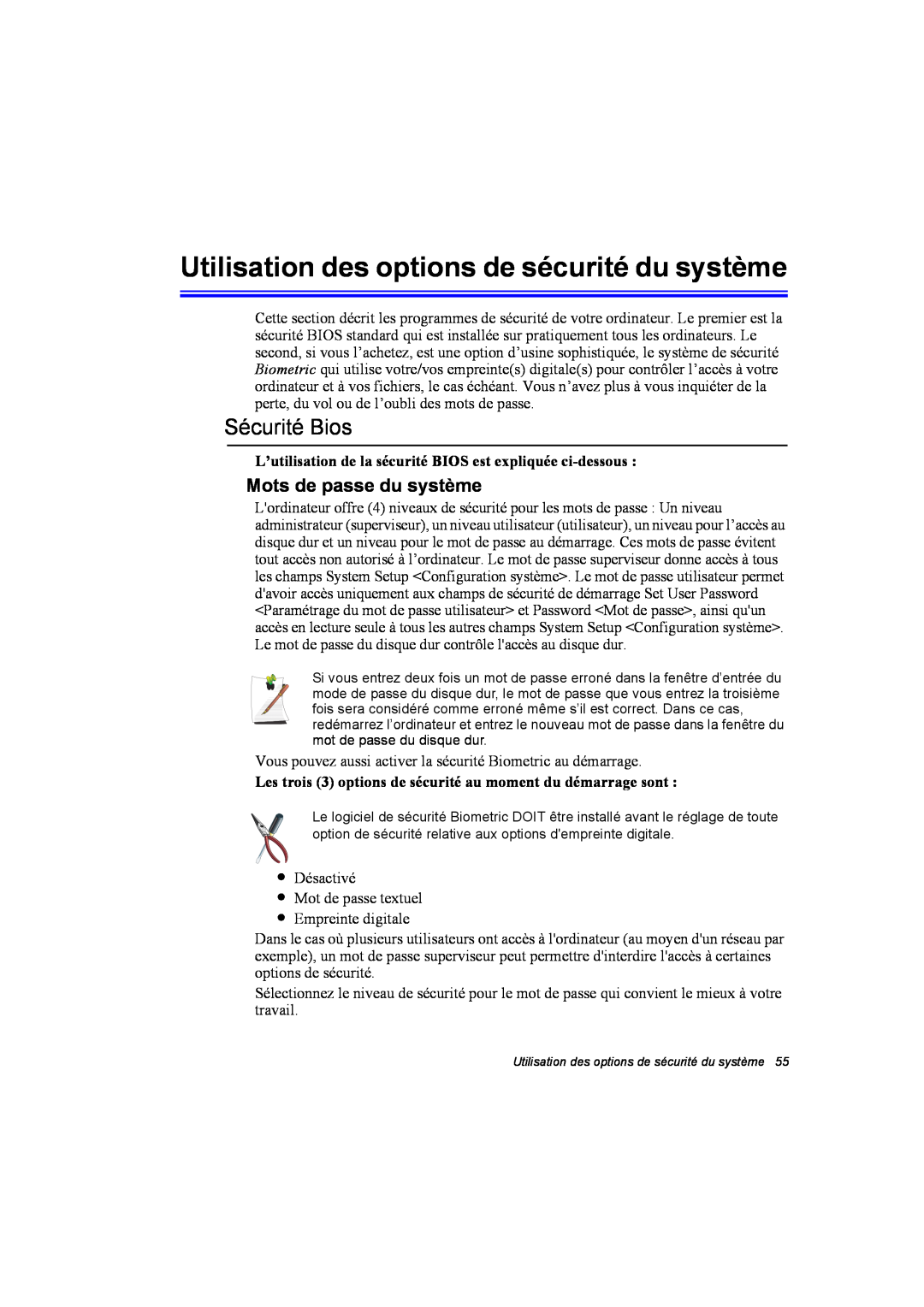 Samsung NP10FP00MF/SEF manual Utilisation des options de sécurité du système, Sécurité Bios, Mots de passe du système 