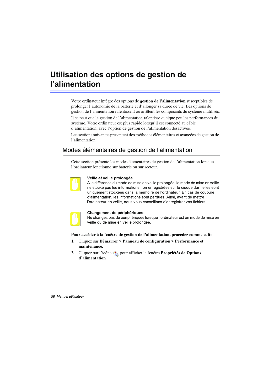 Samsung NP10FP03NV/SEF manual Utilisation des options de gestion de l’alimentation, Cliquez sur l’icône, d’alimentation 