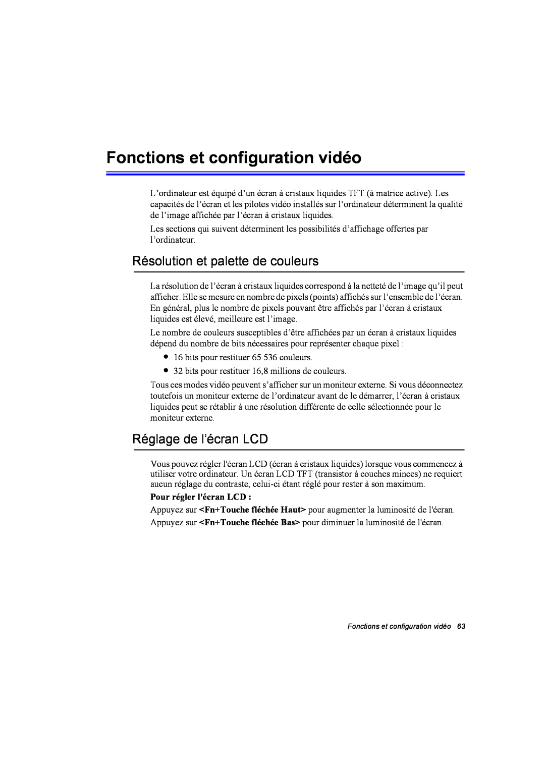 Samsung NP10FK03NV/SEF manual Fonctions et configuration vidéo, Résolution et palette de couleurs, Réglage de l’écran LCD 