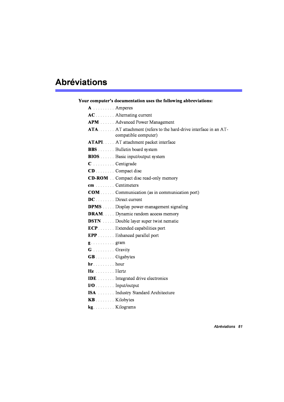 Samsung NP10FJZ002/SEG Abréviations, Your computer’s documentation uses the following abbreviations, Cd-Rom, Gigabytes 