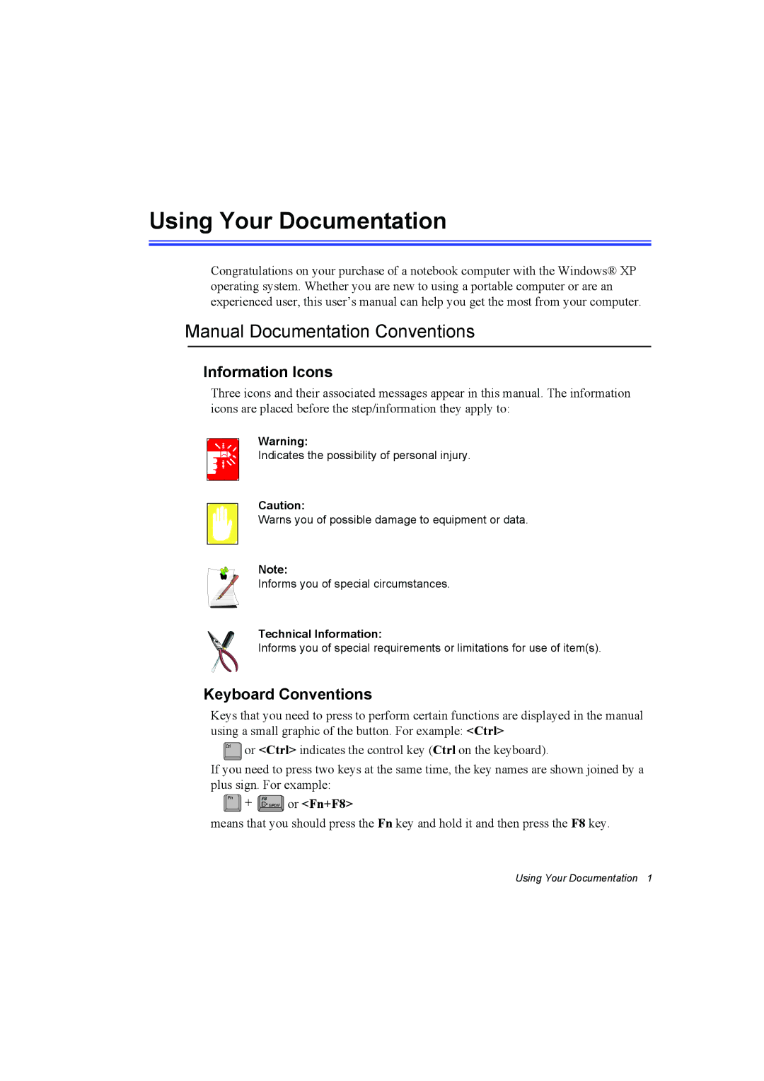 Samsung NQ10TP2A01/SUK Using Your Documentation, Manual Documentation Conventions, Information Icons, Keyboard Conventions 