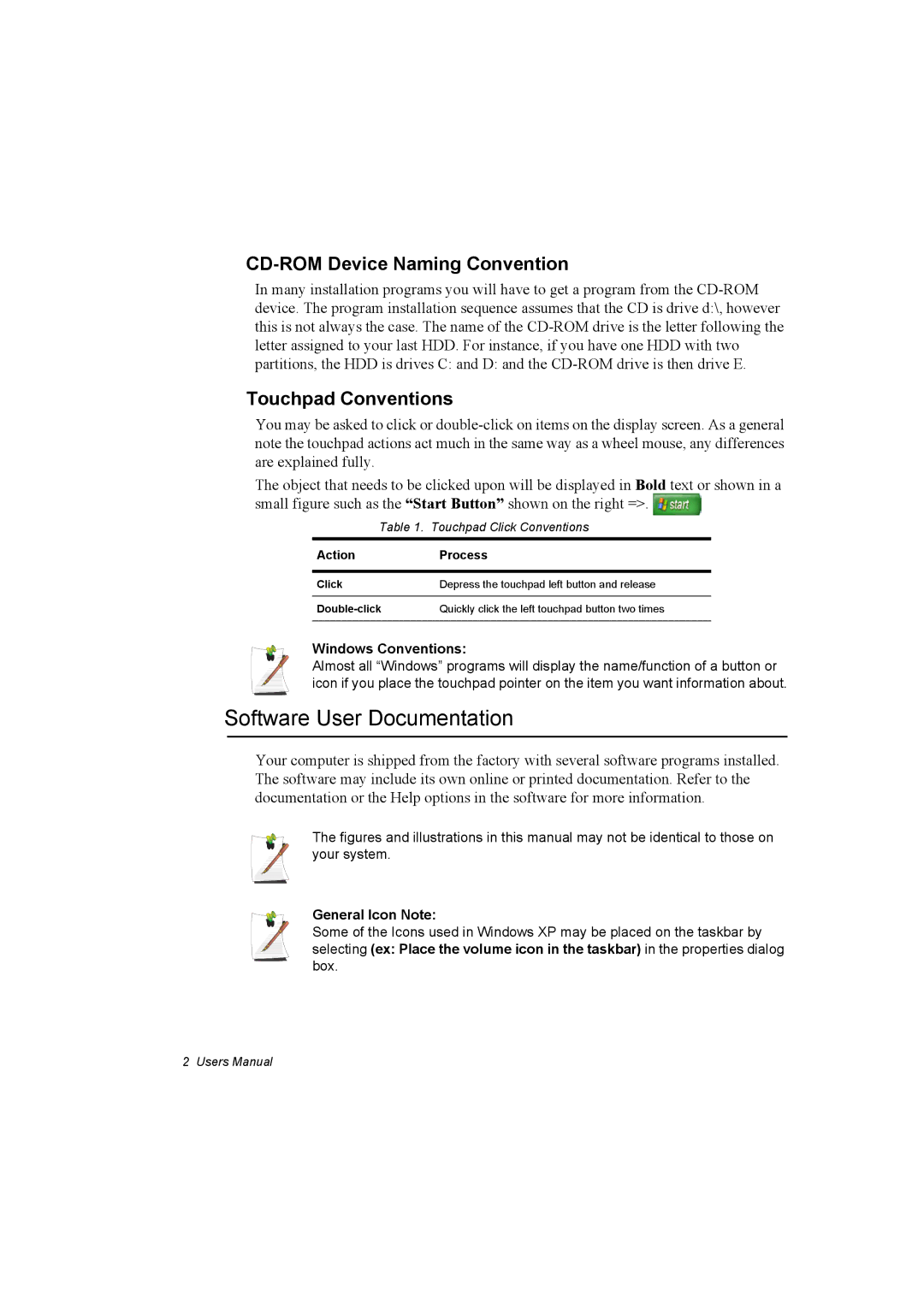 Samsung NP10FK00MT/SEG, NP10FP02CD/SEG Software User Documentation, CD-ROM Device Naming Convention, Touchpad Conventions 