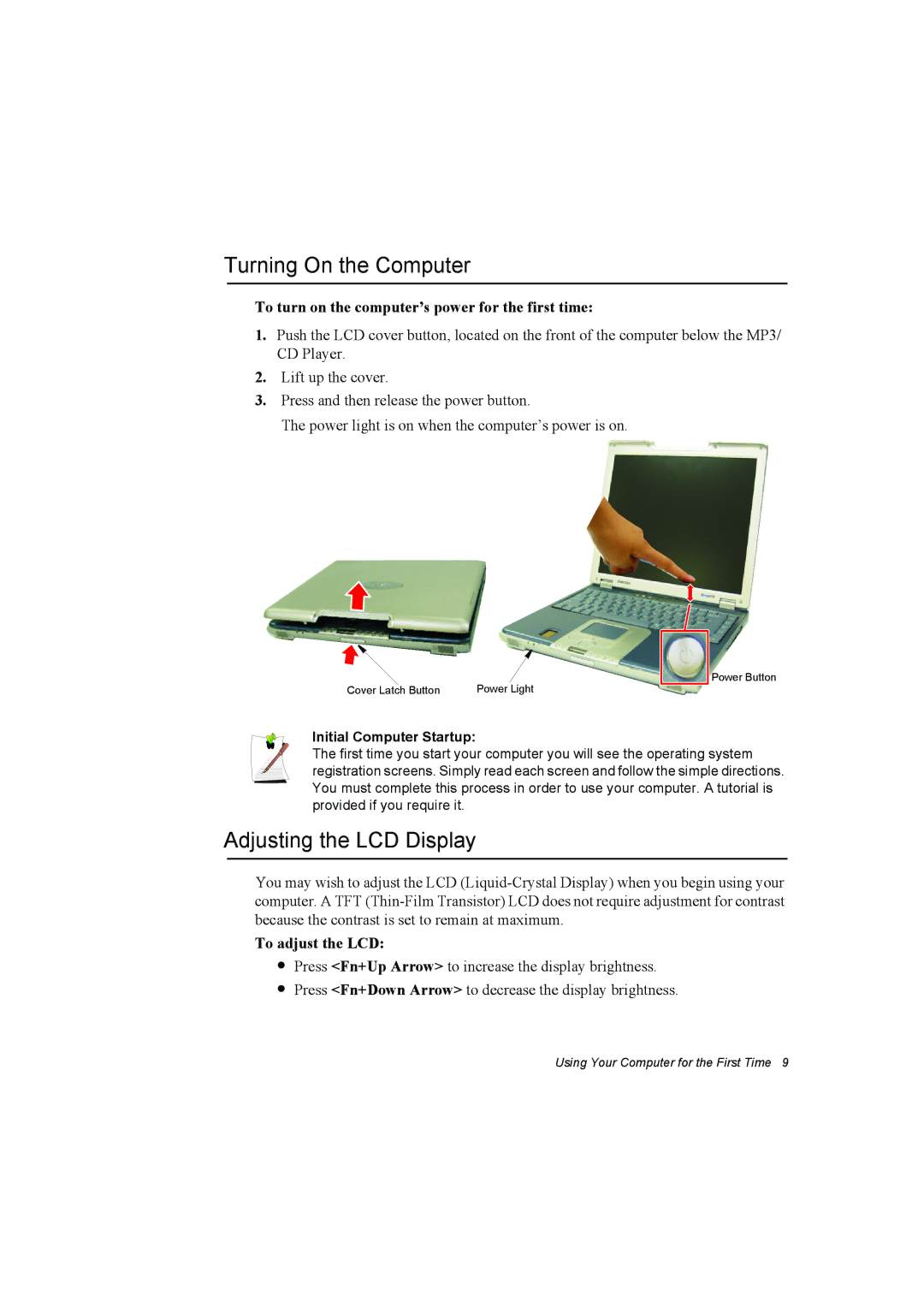 Samsung NP10FJZ003/SEG Turning On the Computer, Adjusting the LCD Display, To adjust the LCD, Initial Computer Startup 
