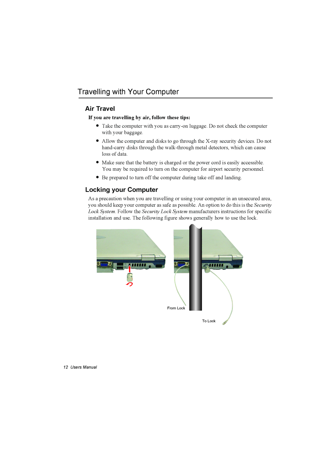 Samsung NP10FK00ME/SEF, NP10FP02CD/SEG, NP10FP00UV/SEG Travelling with Your Computer, Air Travel, Locking your Computer 