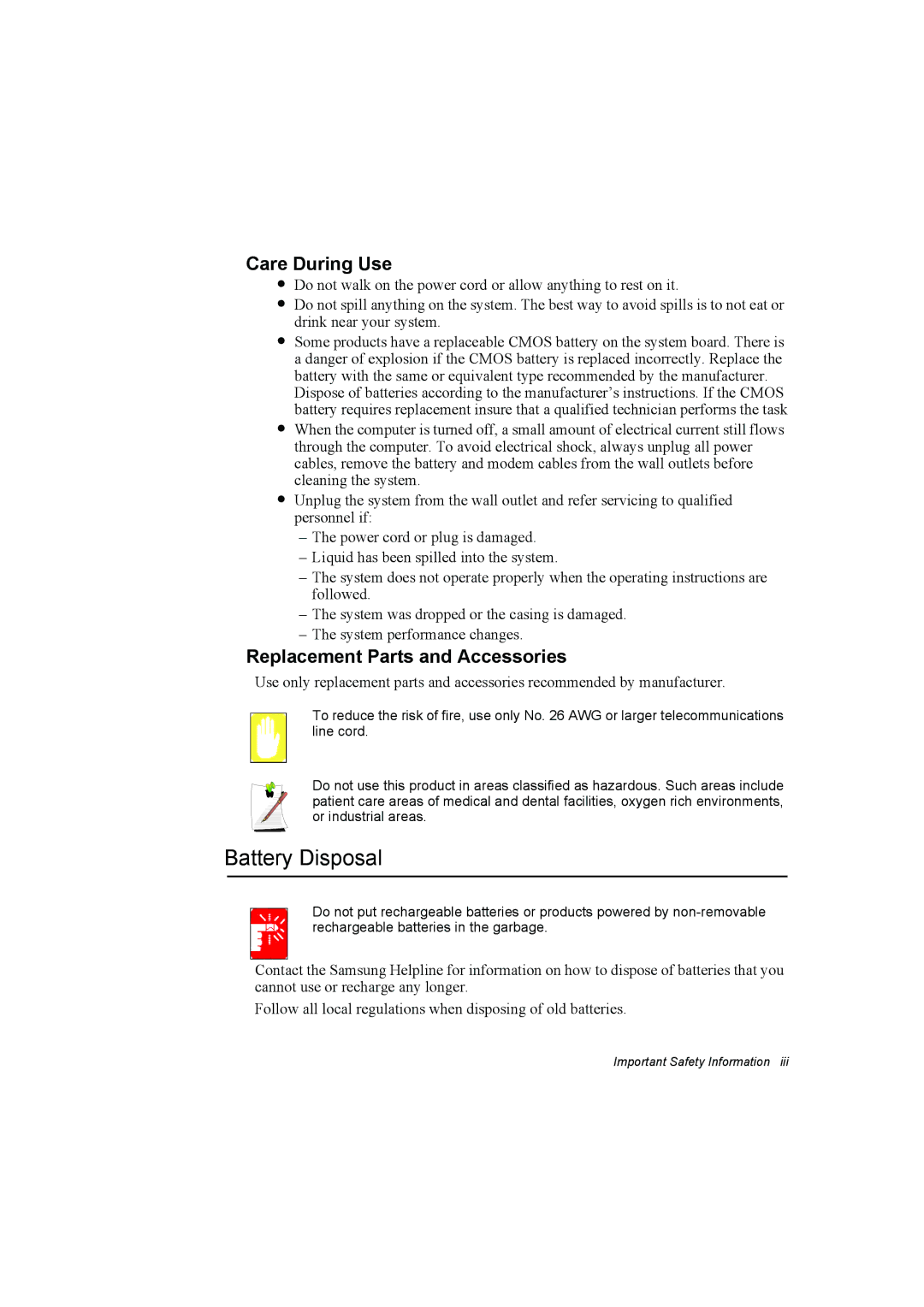 Samsung NP10FP0000/SEF, NP10FP02CD/SEG, NP10FP00UV/SEG Battery Disposal, Care During Use, Replacement Parts and Accessories 