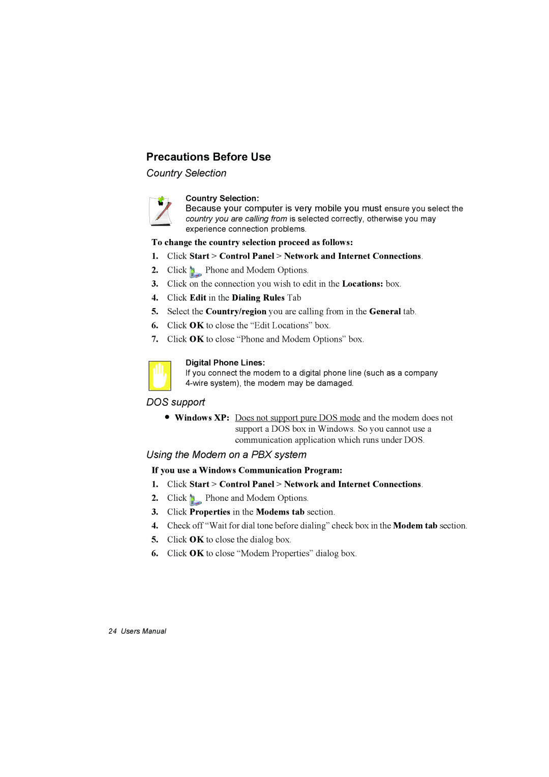 Samsung NP10FK00NH/SEF Precautions Before Use, Click Edit in the Dialing Rules Tab, Country Selection, Digital Phone Lines 