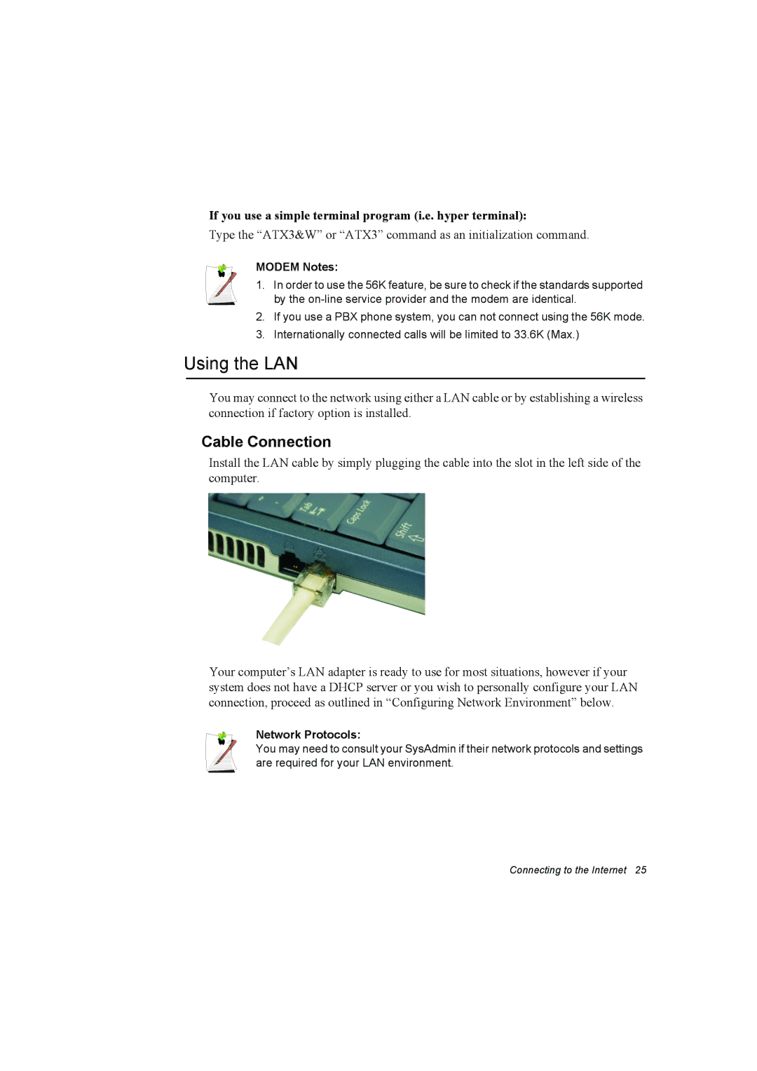 Samsung NP10FP033G/SUK manual Using the LAN, Cable Connection, If you use a simple terminal program i.e. hyper terminal 