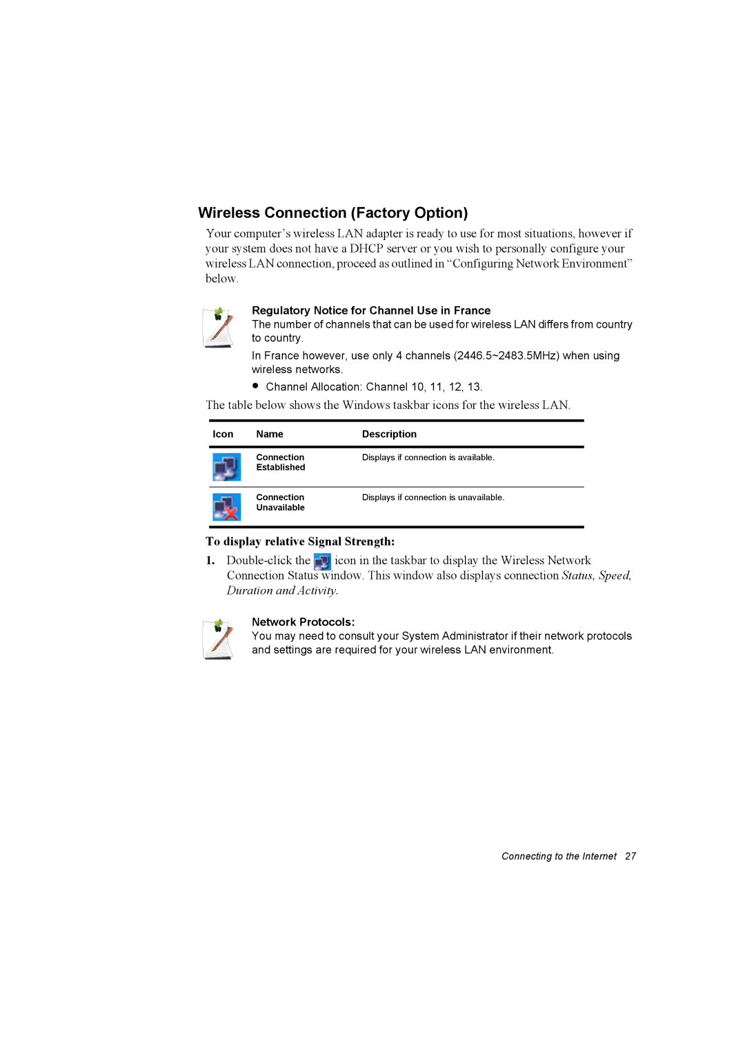 Samsung NP10FP00EW/SEF Wireless Connection Factory Option, To display relative Signal Strength, Icon Name Description 