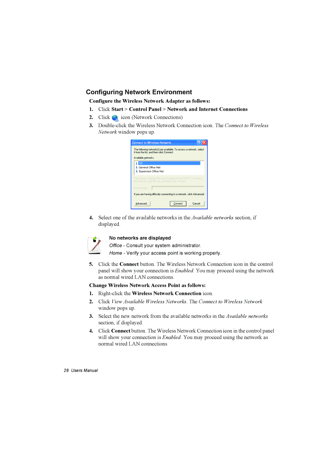 Samsung NP10FH00MS/SUK, NP10FP02CD/SEG, NP10FP00UV/SEG manual Configuring Network Environment, No networks are displayed 