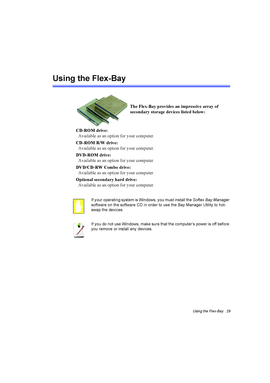 Samsung NP10FP03NV/SEF, NP10FP02CD/SEG manual Using the Flex-Bay, CD-ROM R/W drive, DVD-ROM drive, DVD/CD-RW Combo drive 