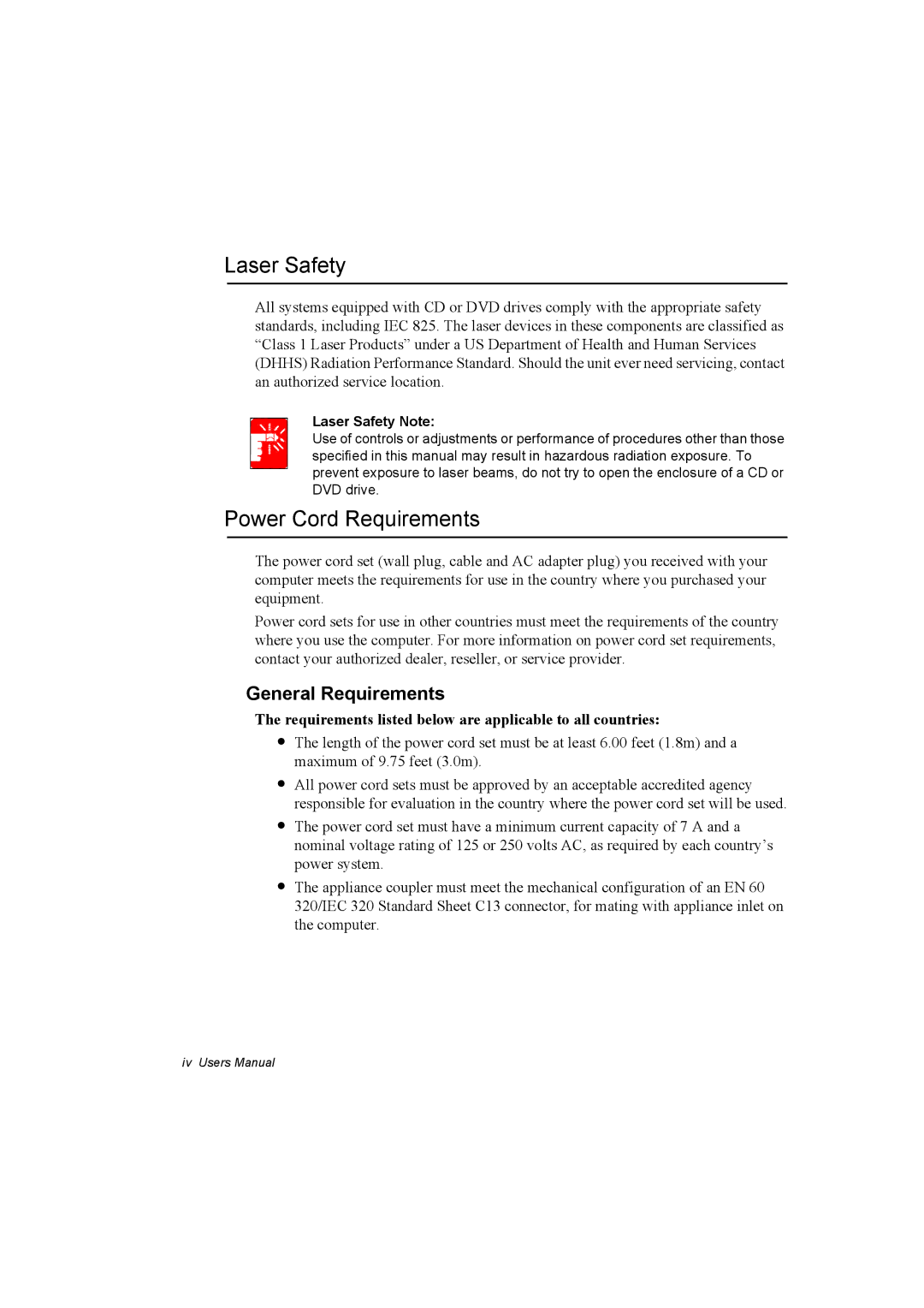 Samsung NP10FH031K/SEG, NP10FP02CD/SEG, NP10FP00UV/SEG Power Cord Requirements, General Requirements, Laser Safety Note 