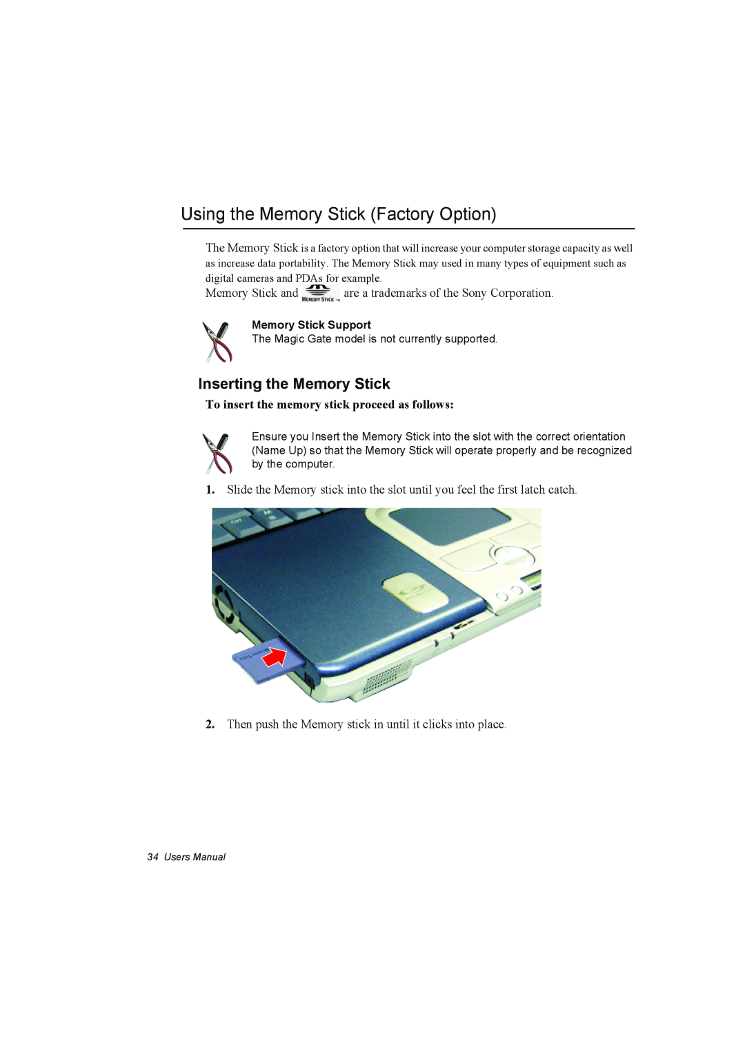 Samsung NP10FK03NV/SEF manual Using the Memory Stick Factory Option, Inserting the Memory Stick, Memory Stick Support 