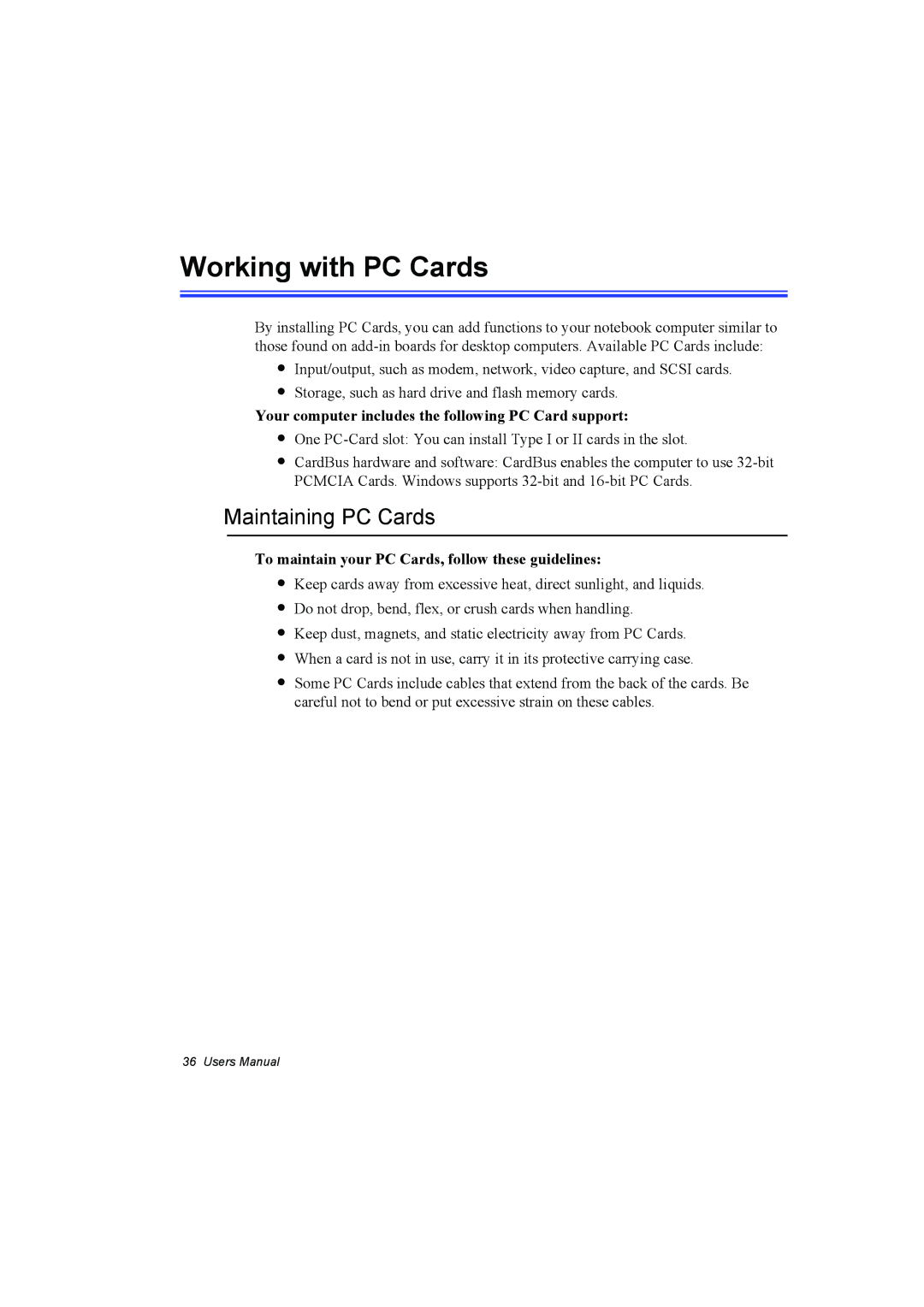 Samsung NP10FK00N2/SEF Working with PC Cards, Maintaining PC Cards, Your computer includes the following PC Card support 