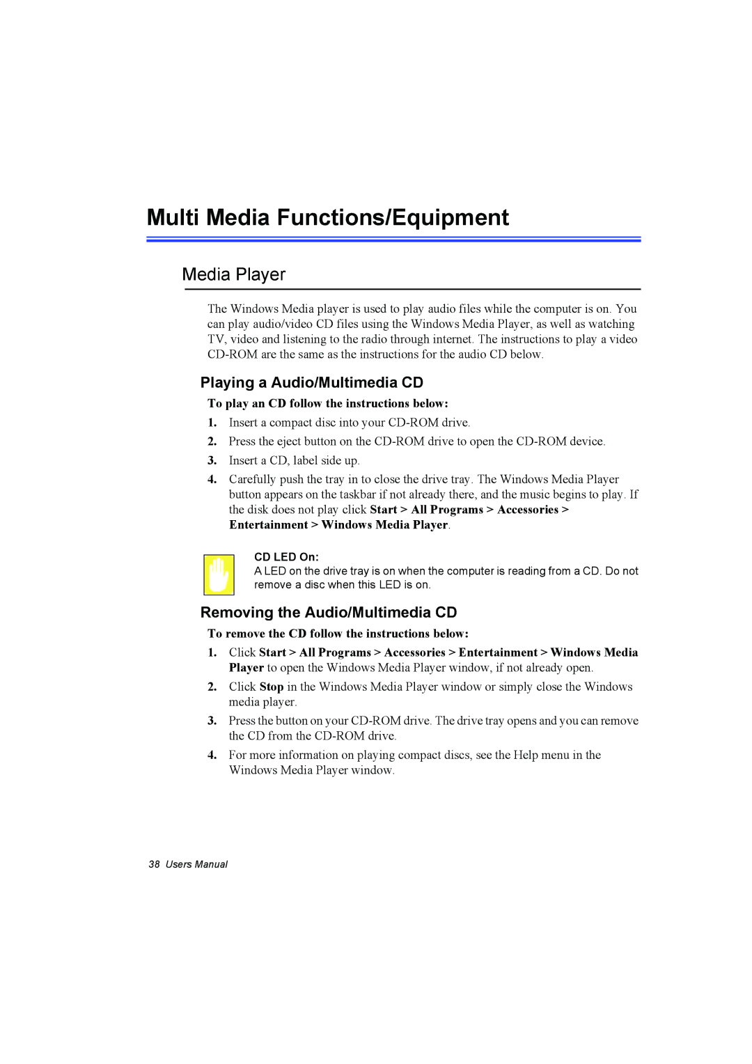 Samsung NP10FK00F3/SUK, NP10FP02CD/SEG manual Multi Media Functions/Equipment, Media Player, Playing a Audio/Multimedia CD 