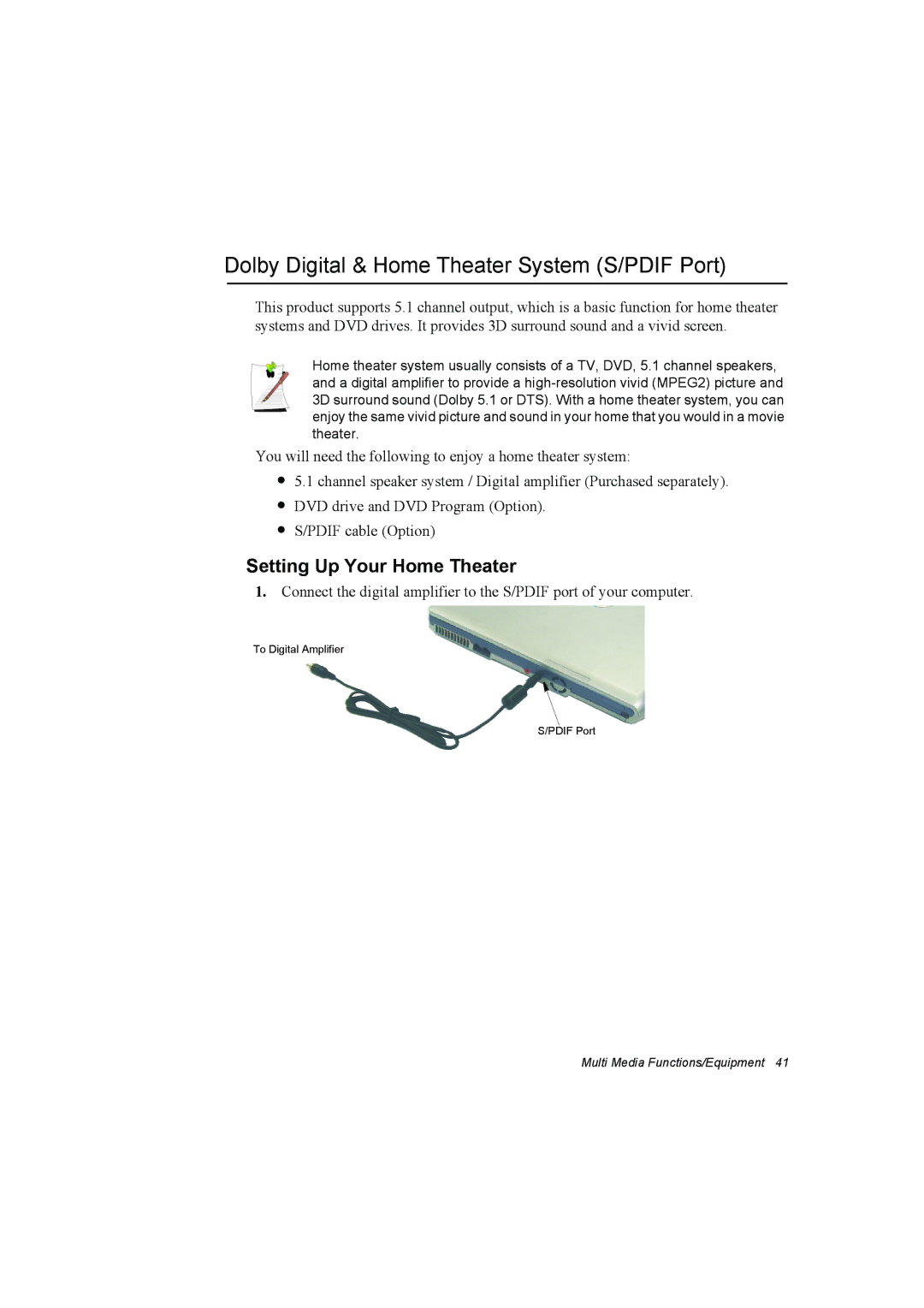 Samsung NP10FP00UV/SEF, NP10FP02CD/SEG manual Dolby Digital & Home Theater System S/PDIF Port, Setting Up Your Home Theater 