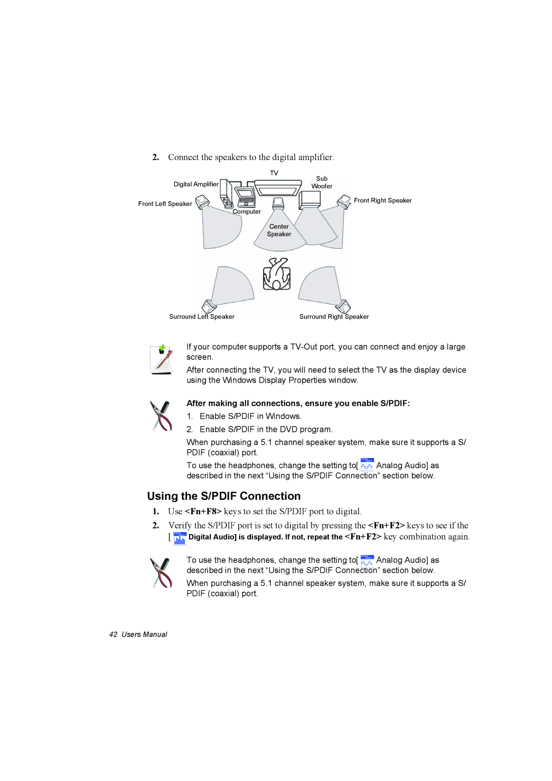 Samsung NP10FP00NH/SEF, NP10FP02CD/SEG Using the S/PDIF Connection, After making all connections, ensure you enable S/PDIF 