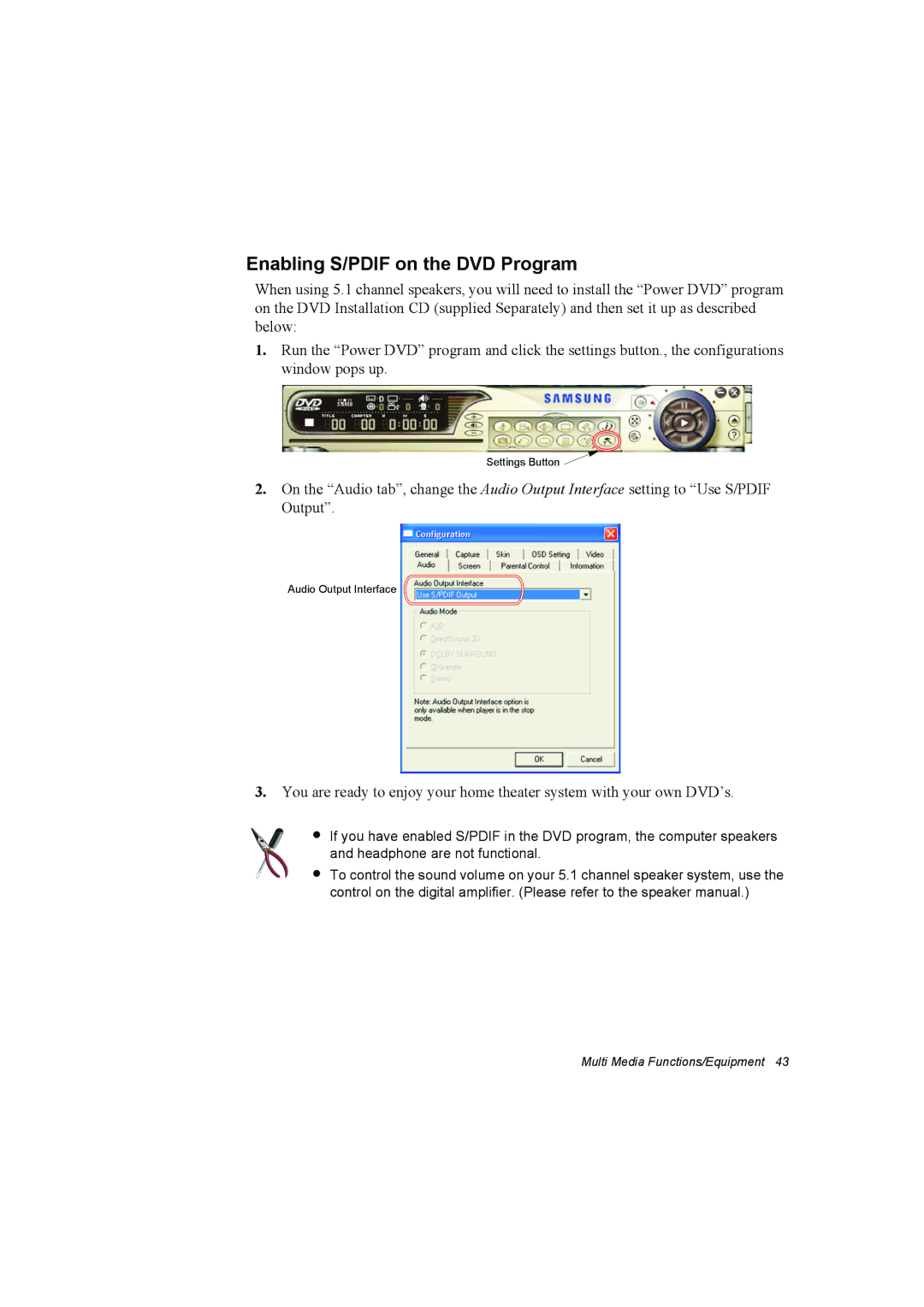 Samsung NP10FK03NW/SEF, NP10FP02CD/SEG, NP10FP00UV/SEG, NP10FP00MT/SEG, NP10FP0000/SEF Enabling S/PDIF on the DVD Program 