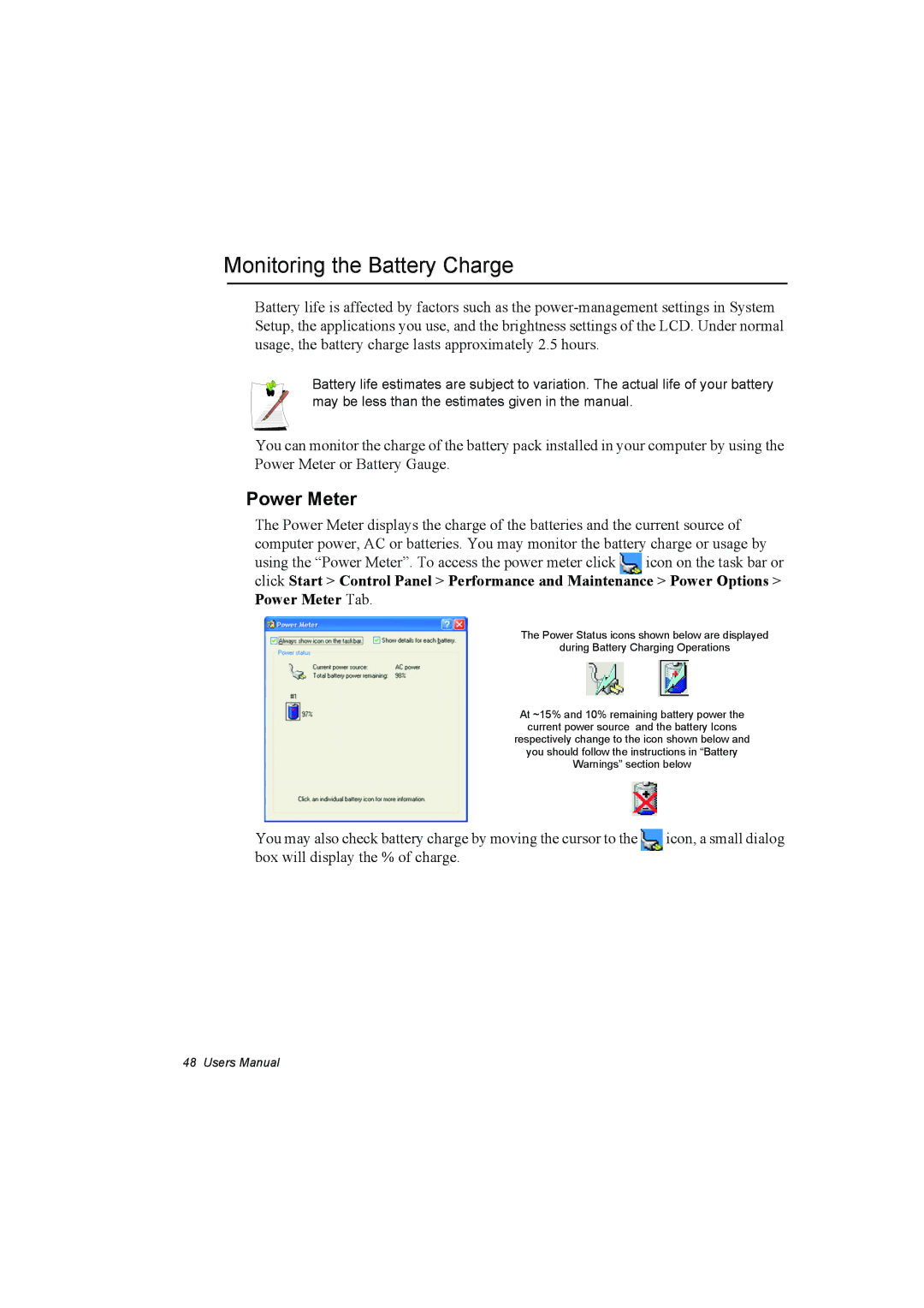 Samsung NP10FP00WJ/SEF, NP10FP02CD/SEG, NP10FP00UV/SEG, NP10FP00MT/SEG manual Monitoring the Battery Charge, Power Meter 