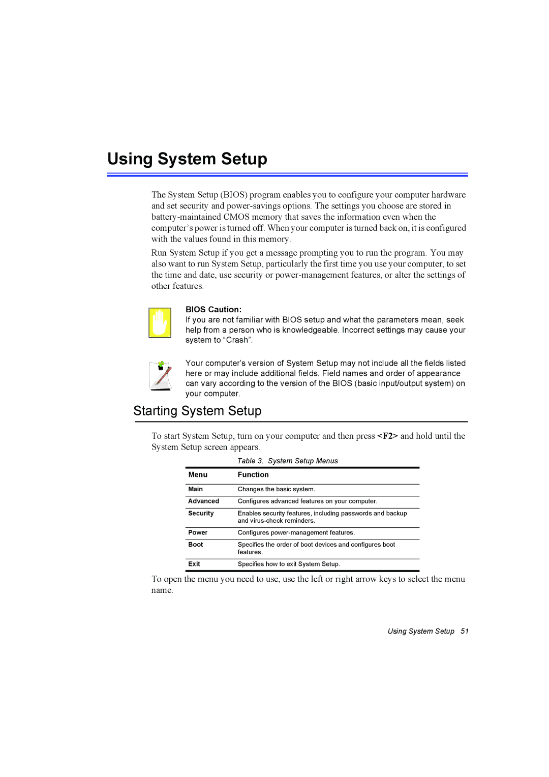 Samsung NP10FK04KD/SEF, NP10FP02CD/SEG manual Using System Setup, Starting System Setup, Bios Caution, Menu Function 