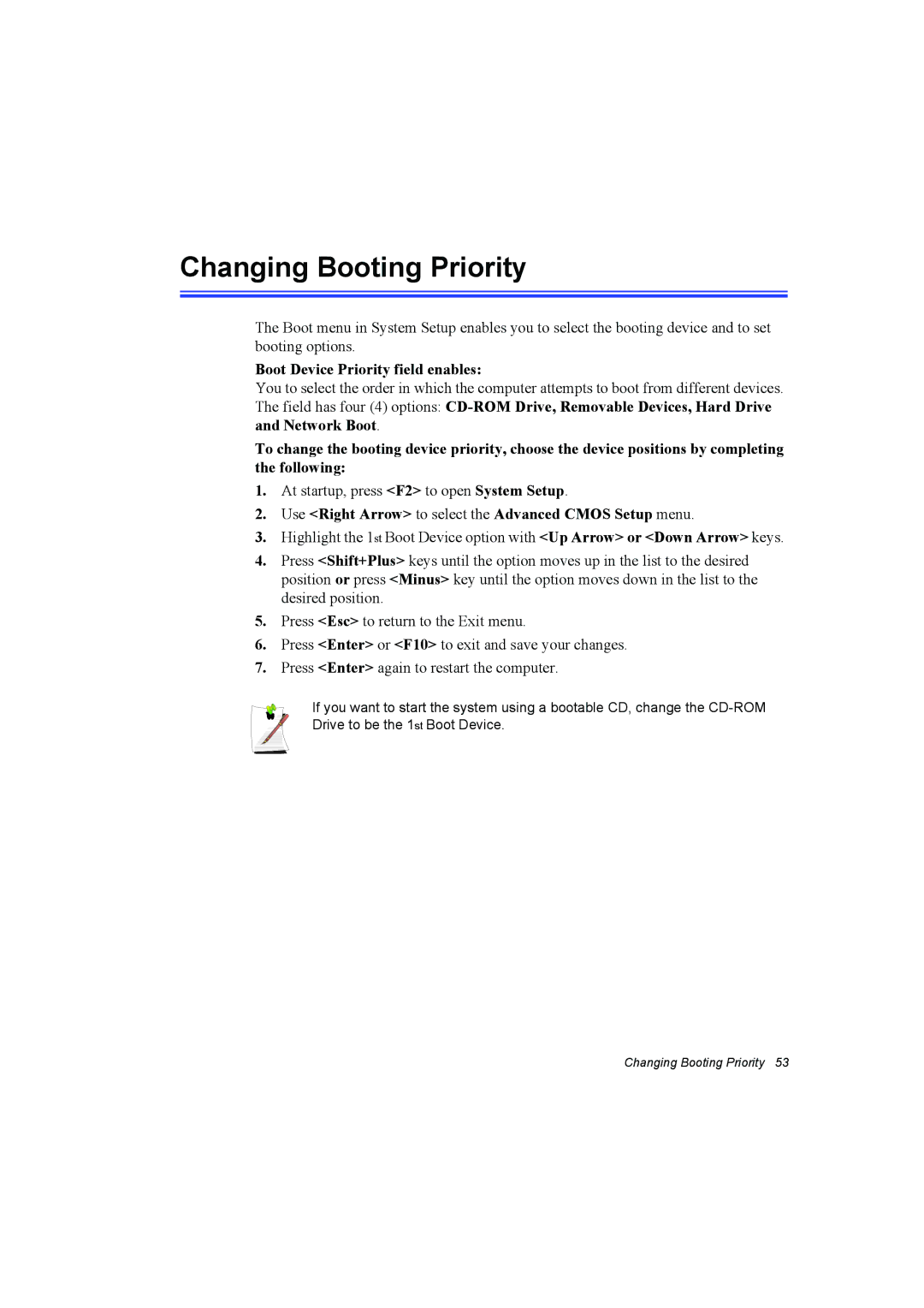 Samsung NP10FP033Q/SUK, NP10FP02CD/SEG, NP10FP00UV/SEG manual Changing Booting Priority, Boot Device Priority field enables 