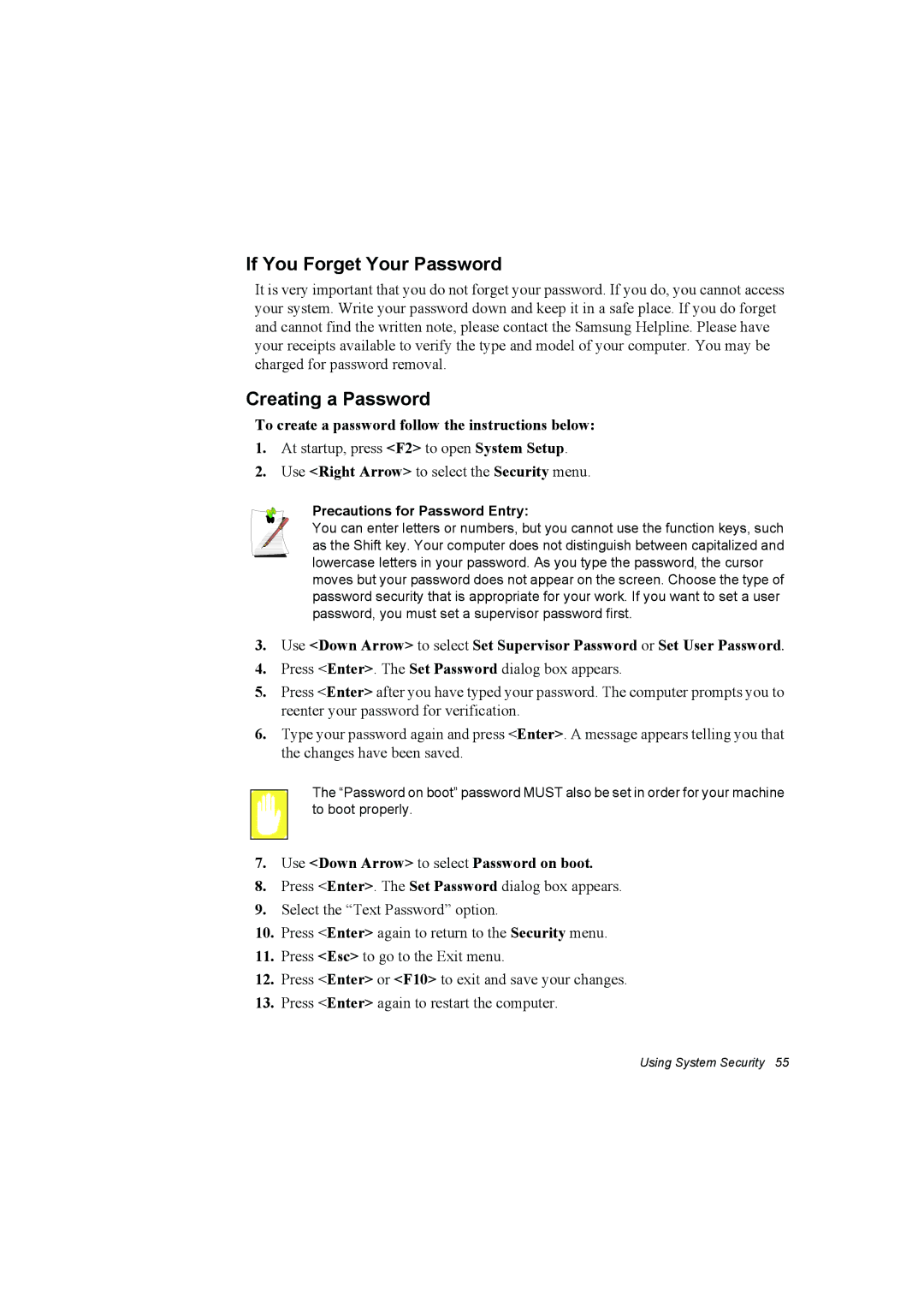 Samsung NP10FP033G/SEF manual If You Forget Your Password, Creating a Password, Use Down Arrow to select Password on boot 