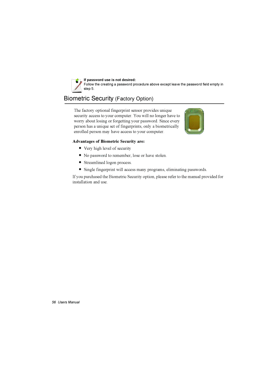 Samsung NP10FK033Q/SEF, NP10FP02CD/SEG manual Biometric Security Factory Option, Advantages of Biometric Security are 