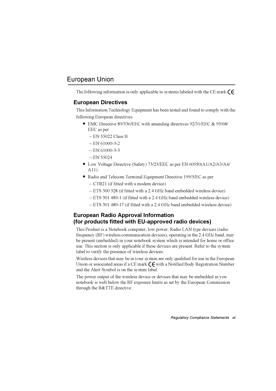 Samsung NP10FP03NS/SEG, NP10FP02CD/SEG, NP10FP00UV/SEG, NP10FP00MT/SEG, NP10FP0000/SEF European Union, European Directives 