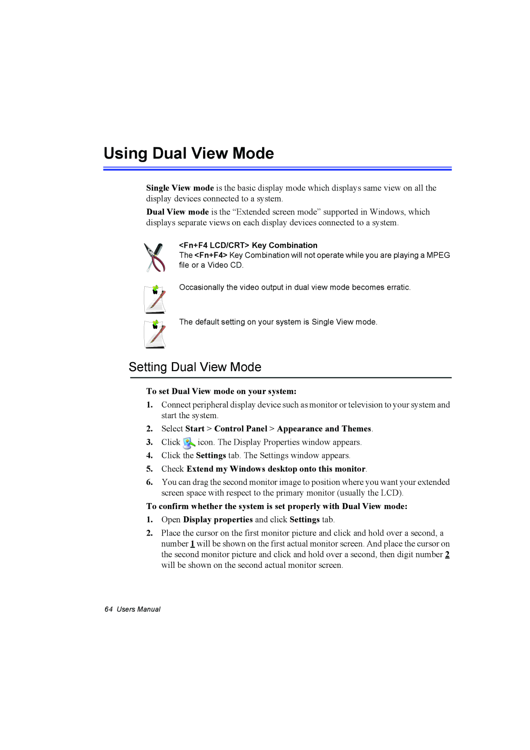 Samsung NP10FH00F2/SEG, NP10FP02CD/SEG Using Dual View Mode, Setting Dual View Mode, To set Dual View mode on your system 