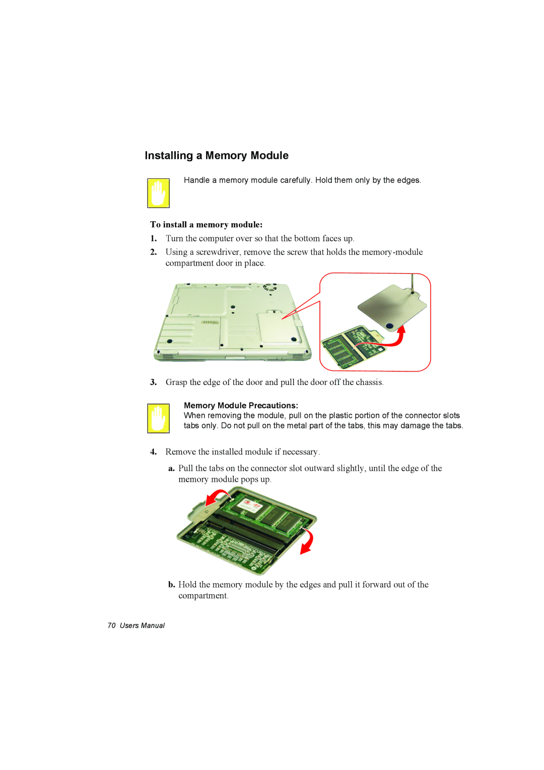 Samsung NQ10TP2A01/SUK, NP10FP02CD/SEG Installing a Memory Module, To install a memory module, Memory Module Precautions 