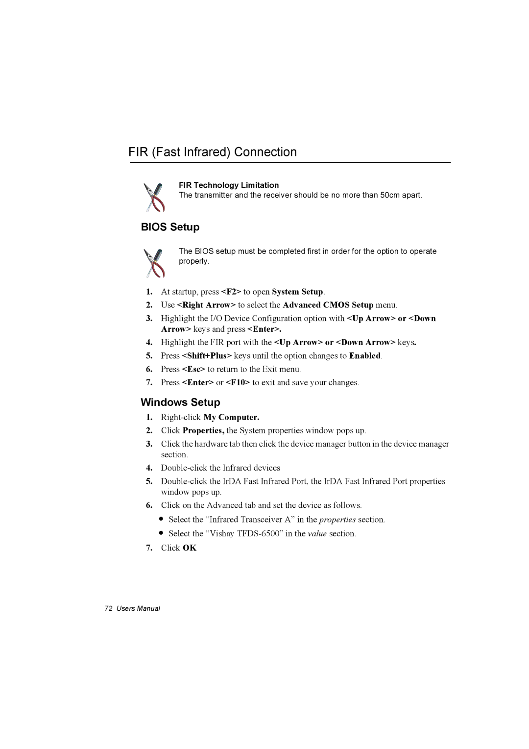 Samsung NP10FH03NR/SEG, NP10FP02CD/SEG FIR Fast Infrared Connection, Bios Setup, Windows Setup, FIR Technology Limitation 