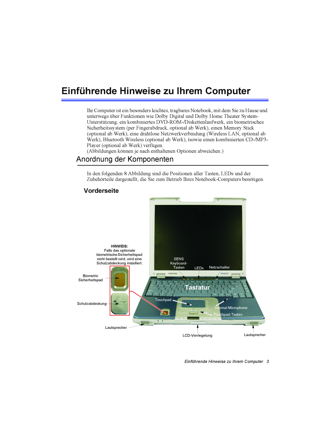 Samsung NP10FH03NR/SEG, NP10FP02CD/SEG manual Einführende Hinweise zu Ihrem Computer, Anordnung der Komponenten, Vorderseite 